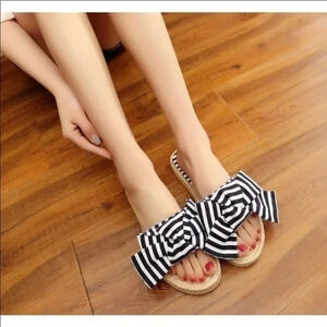 Black White Striped Bow Slide Sandals Flat Summer